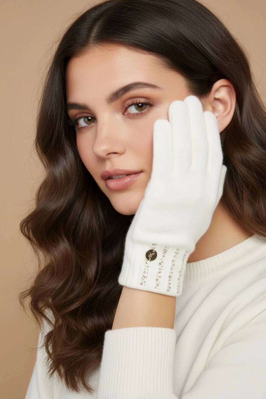 NEW JOSEPH RIBKOFF women's rhinestone embellished knit gloves in winter white